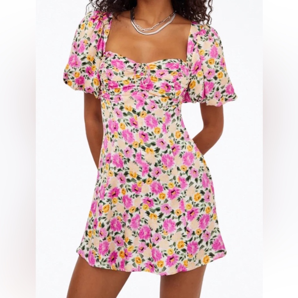 For Love & Lemons Floral Puff-Sleeve Mini Dress in Pink & Cream